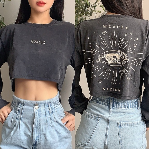 Muscle Nation Tops - Muscle Nation Cropped Long Sleeve Graphic Top | Charcoal Black | L | NWT